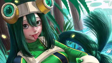 4K Ultra HD anime wallpaper featuring Tsuyu Asui from My Hero Academia with detailed shading and vibrant colors in a forest background.