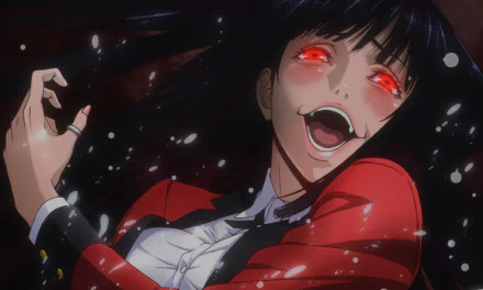 HD desktop wallpaper featuring Yumeko Jabami from the anime Kakegurui, displaying her characteristic intense and excited expression with glowing red eyes.