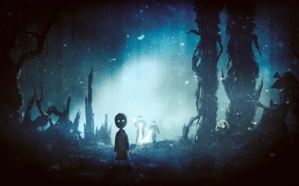 4K Ultra HD PC wallpaper blending Limbo's eerie silhouette style with Stranger Things' dark, mysterious atmosphere in a captivating video game crossover scene.