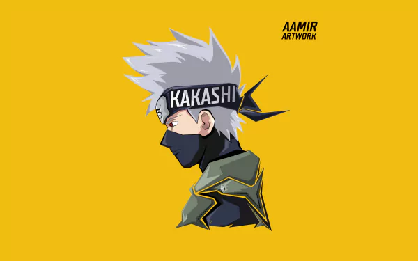 8K Ultra HD anime wallpaper featuring Kakashi Hatake from Naruto in profile against a vibrant yellow background.