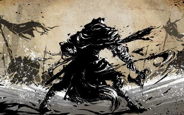 Silhouetted fantasy warrior in dynamic pose, wielding weapons amid abstract battle scene, rendered in a striking 4K Ultra HD style for PC desktop wallpaper.