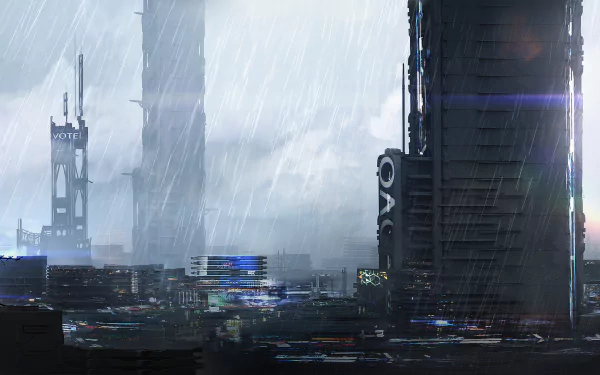 A vibrant anime-style cityscape under heavy rain, featuring futuristic skyscrapers and a moody atmosphere. This HD wallpaper captures a unique, original aesthetic.