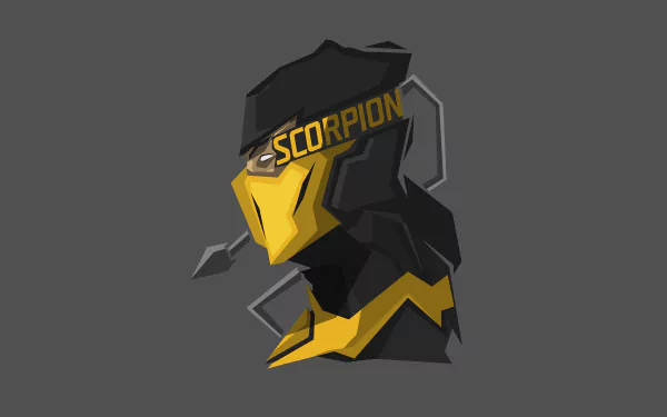 Stylized 8K Ultra HD PC desktop wallpaper featuring Scorpion from the Mortal Kombat video game series with a modern, angular design on a dark background.