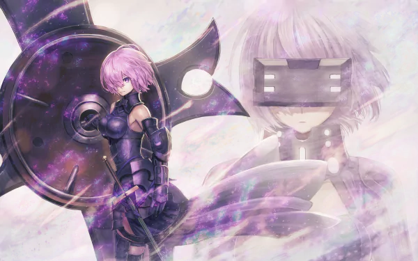 HD PC desktop wallpaper of Mashu Kyrielight from Fate/Grand Order — purple-haired anime warrior with large shield, layered ethereal portrait against a soft pastel background.