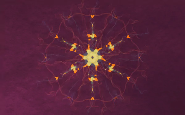 Maroon abstract artistic HD PC desktop wallpaper showing a central luminous yellow‑orange kaleidoscopic star with branching, web‑like veins on a textured maroon field.