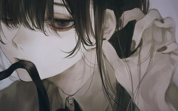 HD PC desktop wallpaper: original anime close-up of a long-haired girl with black hair and black eyes, holding a dark ribbon to her lips.