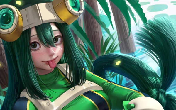 4K Ultra HD anime wallpaper featuring Tsuyu Asui from My Hero Academia with detailed shading and vibrant colors in a forest background.