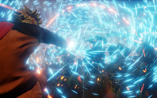 Naruto Uzumaki unleashing a glowing Rasengan amid swirling blue energy in Jump Force — 4K Ultra HD PC desktop wallpaper.