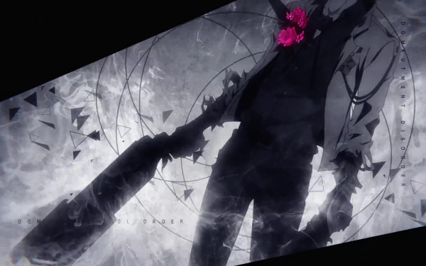 4K Ultra HD anime wallpaper featuring Ritsu Shikishima from Caligula, depicted in a dark, abstract style with floating geometric shapes and pink flower accents.