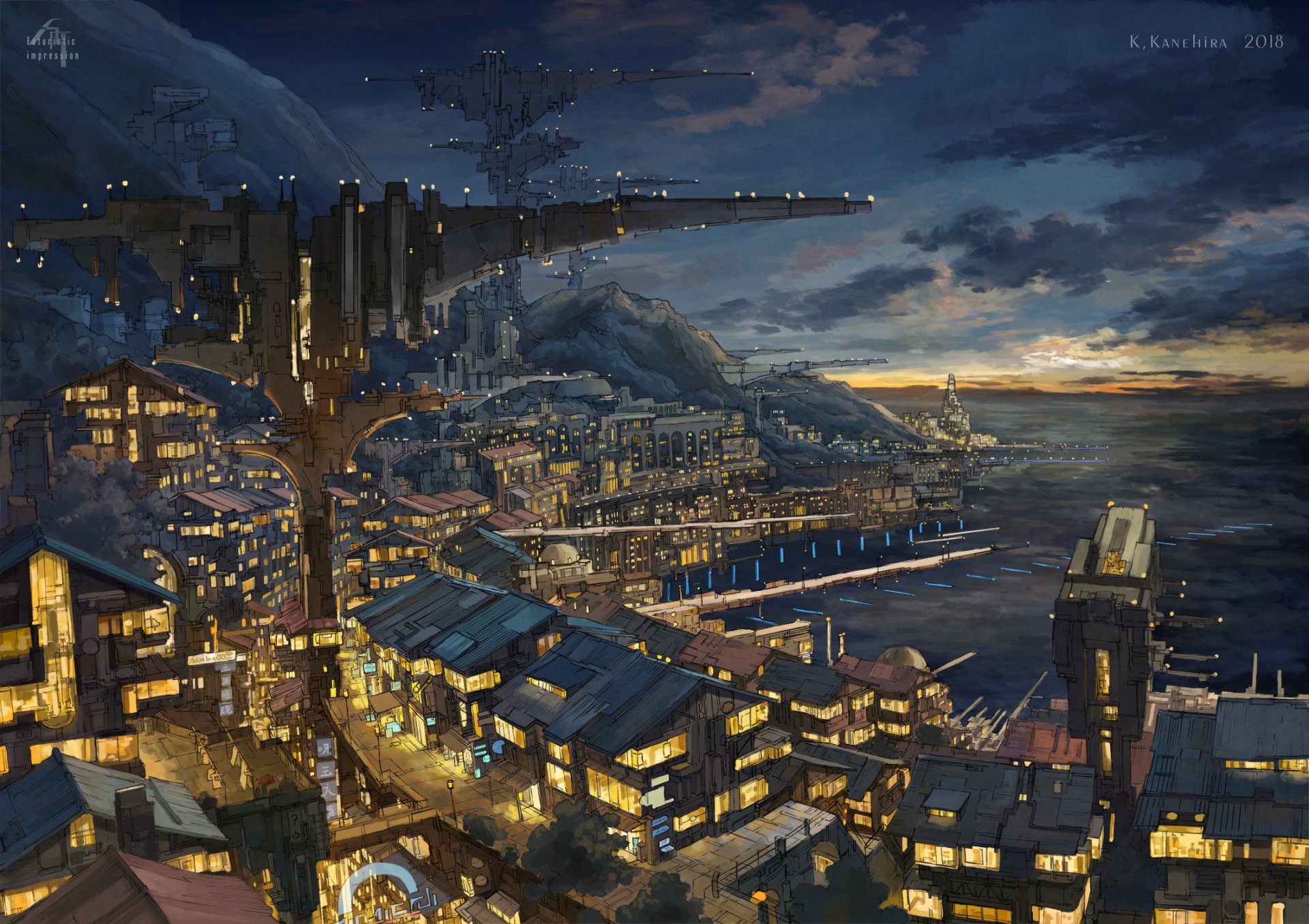 A vibrant anime-inspired original HD desktop wallpaper featuring a bustling coastal city at dusk, illuminated by glowing lights against a dramatic night sky.