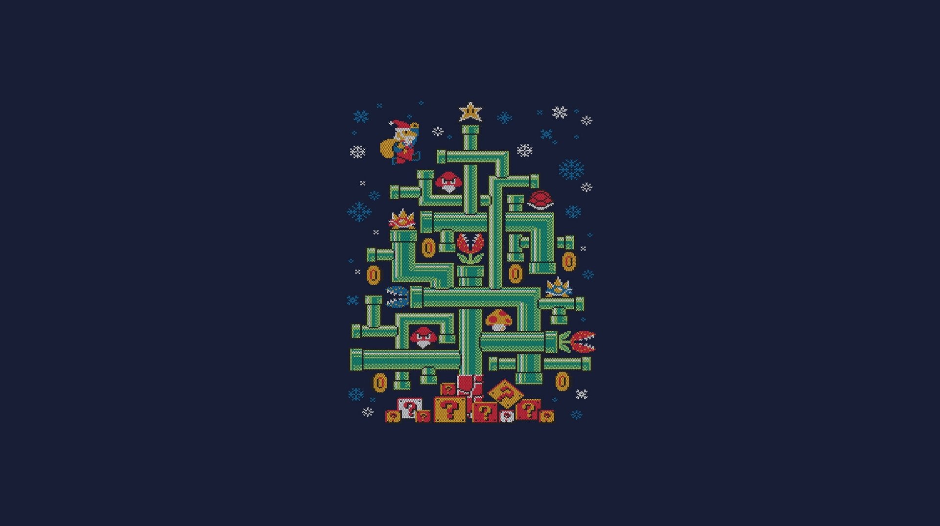HD PC desktop wallpaper featuring a pixel art Christmas tree made from Mario video game elements and characters.