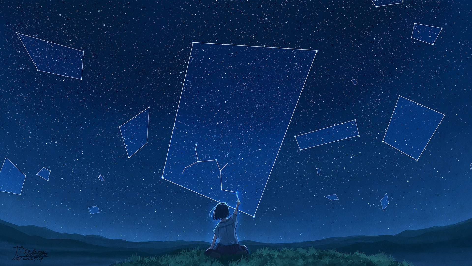 An HD anime wallpaper depicting a starry night sky. A person sits on grass reaching towards constellations outlined in the sky.