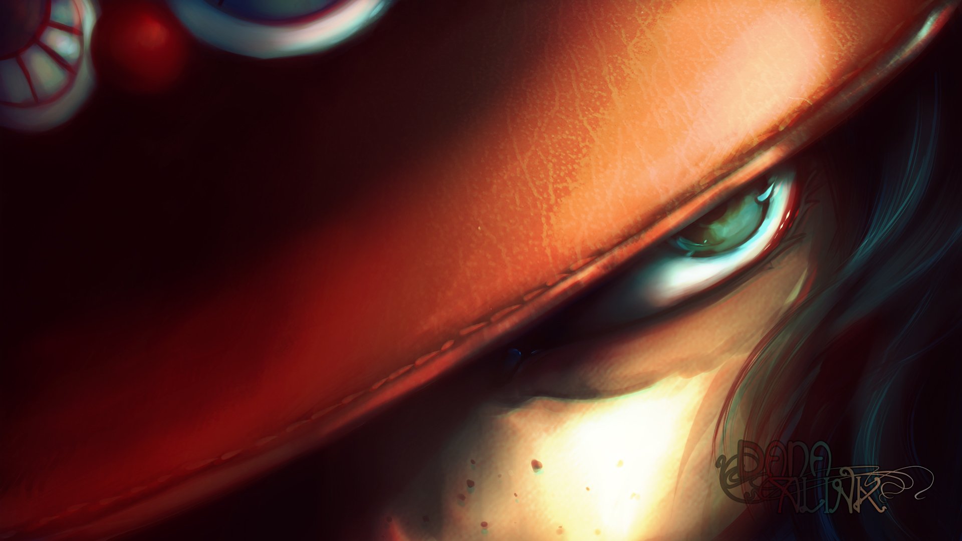 Close-up HD anime wallpaper of Portgas D. Ace from One Piece, highlighting his intense green eye and signature red hat.