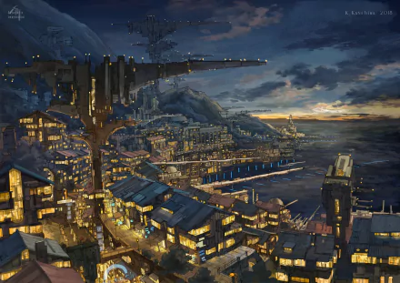 A vibrant anime-inspired original HD desktop wallpaper featuring a bustling coastal city at dusk, illuminated by glowing lights against a dramatic night sky.