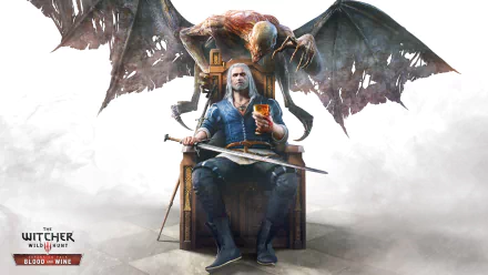HD desktop wallpaper featuring Geralt of Rivia from The Witcher 3: Wild Hunt - Blood and Wine, sitting on a throne with a menacing creature looming behind him.