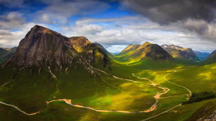HD desktop wallpaper of a scenic landscape in Scotland featuring dramatic mountains, lush green valleys, winding paths, and a dynamic sky, illustrating the beauty of Scottish nature.
