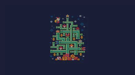 HD PC desktop wallpaper featuring a pixel art Christmas tree made from Mario video game elements and characters.