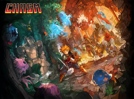 HD desktop wallpaper featuring an adventurer in a vibrant chasm, surrounded by mystical creatures.