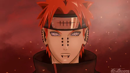 HD anime wallpaper featuring Pain from Naruto with his distinctive red hair, Rinnegan eyes, and facial piercings, set against a dark, smoky background.