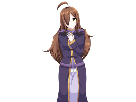 KonoSuba - God’s blessing on this wonderful world!! 2K Quad HD PC desktop wallpaper: anime long brown-haired woman in purple robe clasping her hands on a white background.