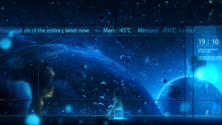 HD desktop wallpaper featuring an original Anime scene, with a character observing planets and floating debris in a cosmic, blue-lit space environment. Text overlay displays planetary temperatures.