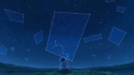 An HD anime wallpaper depicting a starry night sky. A person sits on grass reaching towards constellations outlined in the sky.