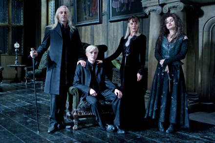 A dramatic scene from *Harry Potter and the Deathly Hallows: Part 1*, featuring Bellatrix Lestrange, Draco Malfoy, Lucius Malfoy, and their actors. An engaging HD wallpaper for fans.