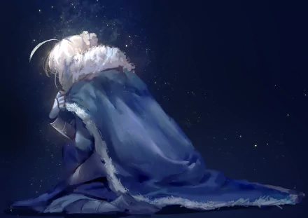 HD desktop wallpaper featuring Saber (Artoria Pendragon) from the Fate/Stay Night anime series, cloaked in a blue robe against a starry night background.