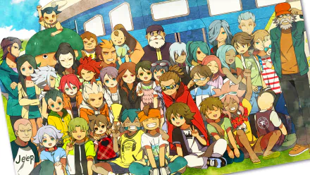 HD PC desktop wallpaper featuring a large group of vibrant characters from the anime Inazuma Eleven GO and Inazuma Eleven in a colorful outdoor setting.