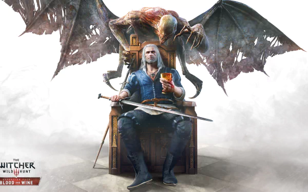 HD desktop wallpaper featuring Geralt of Rivia from The Witcher 3: Wild Hunt - Blood and Wine, sitting on a throne with a menacing creature looming behind him.