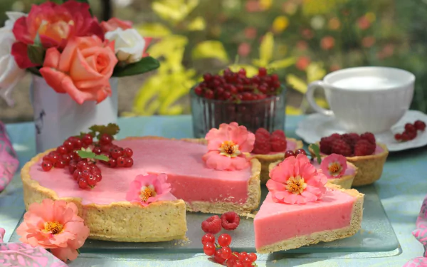 A vibrant still life HD desktop wallpaper featuring a pink currant dessert tart garnished with fresh currants and edible flowers, accompanied by a cup of tea and roses.