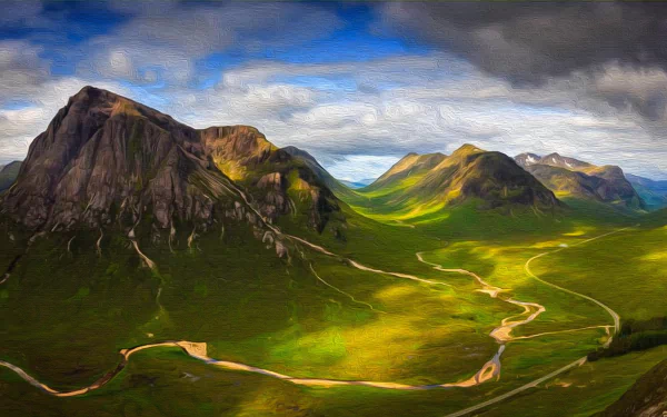 HD desktop wallpaper of a scenic landscape in Scotland featuring dramatic mountains, lush green valleys, winding paths, and a dynamic sky, illustrating the beauty of Scottish nature.