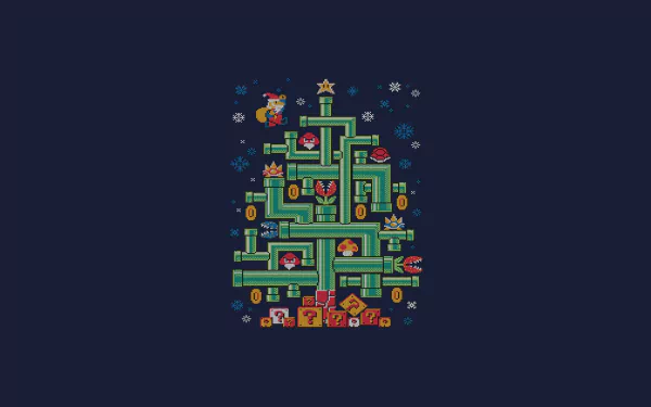 HD PC desktop wallpaper featuring a pixel art Christmas tree made from Mario video game elements and characters.