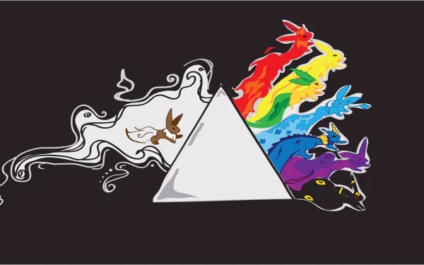A 4K Ultra HD PC wallpaper blending Pink Floyd's prism with Pokémon characters styled as colorful, flowing creatures emerging from the prism’s light spectrum.