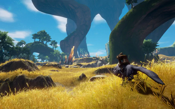 HD desktop wallpaper from Rend featuring a character in a grassy landscape with fantastical oversized flora and vibrant blue skies.