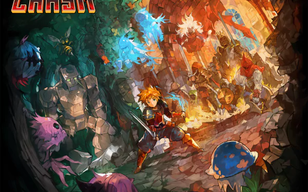 HD desktop wallpaper featuring an adventurer in a vibrant chasm, surrounded by mystical creatures.