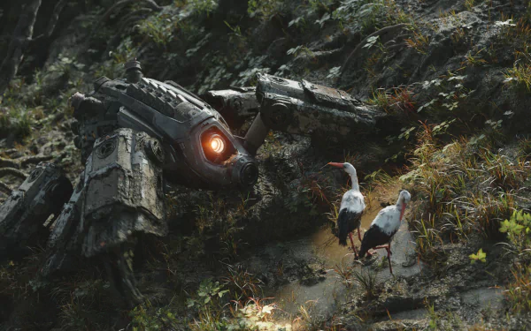 A futuristic robot with a glowing orange eye interacts with two storks in a lush, overgrown environment, creating an intriguing sci-fi scene for a high-definition desktop wallpaper.