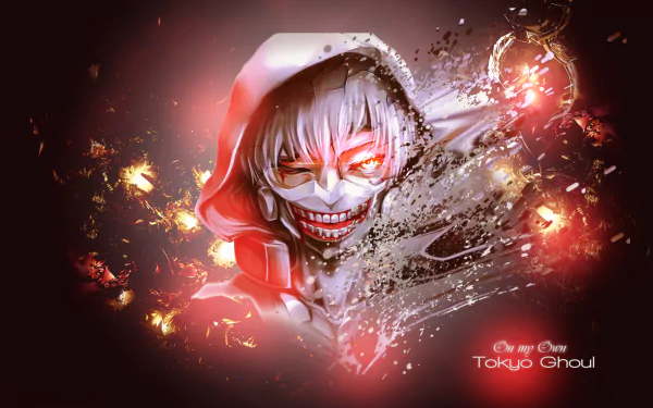 HD desktop wallpaper featuring Ken Kaneki from Tokyo Ghoul, displaying red eyes, a sinister mask with sharp teeth, and a hood, against a fiery and dynamic background.