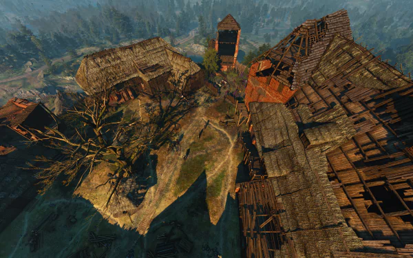 Aerial view of a ruined medieval village and watchtower from The Witcher 3: Wild Hunt, rendered as an 8K Ultra HD PC desktop wallpaper and background.