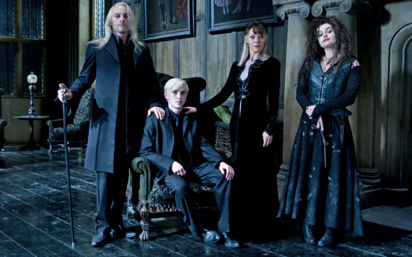 A dramatic scene from *Harry Potter and the Deathly Hallows: Part 1*, featuring Bellatrix Lestrange, Draco Malfoy, Lucius Malfoy, and their actors. An engaging HD wallpaper for fans.