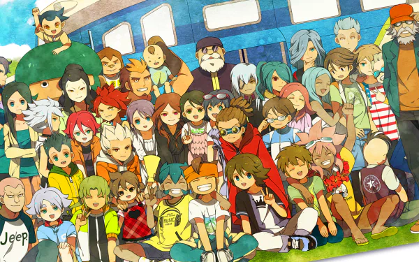 HD PC desktop wallpaper featuring a large group of vibrant characters from the anime Inazuma Eleven GO and Inazuma Eleven in a colorful outdoor setting.