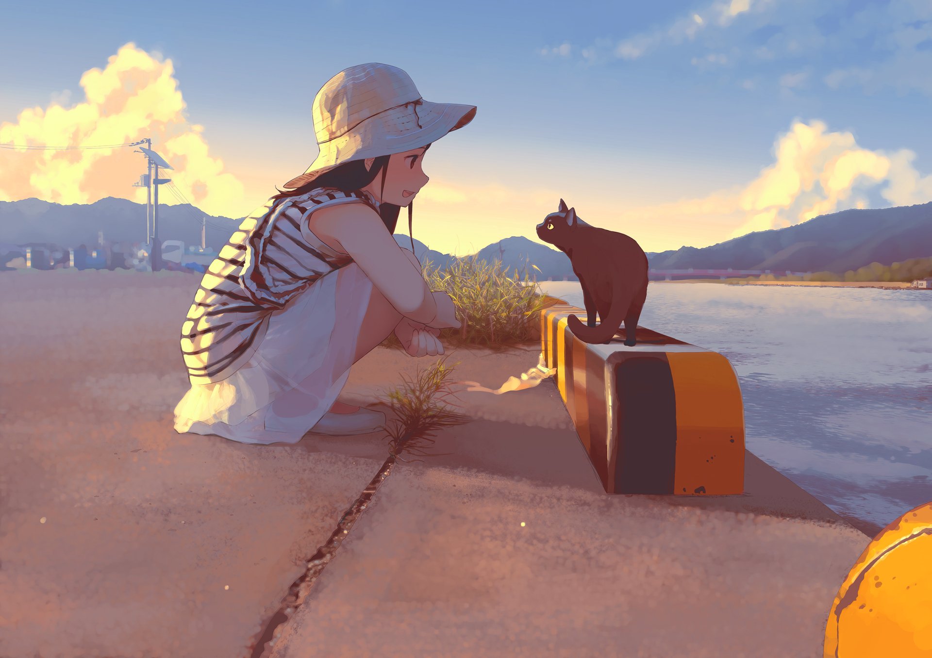 Anime-style HD desktop wallpaper featuring a young person in a hat crouching next to a cat on a sunny, picturesque roadway.