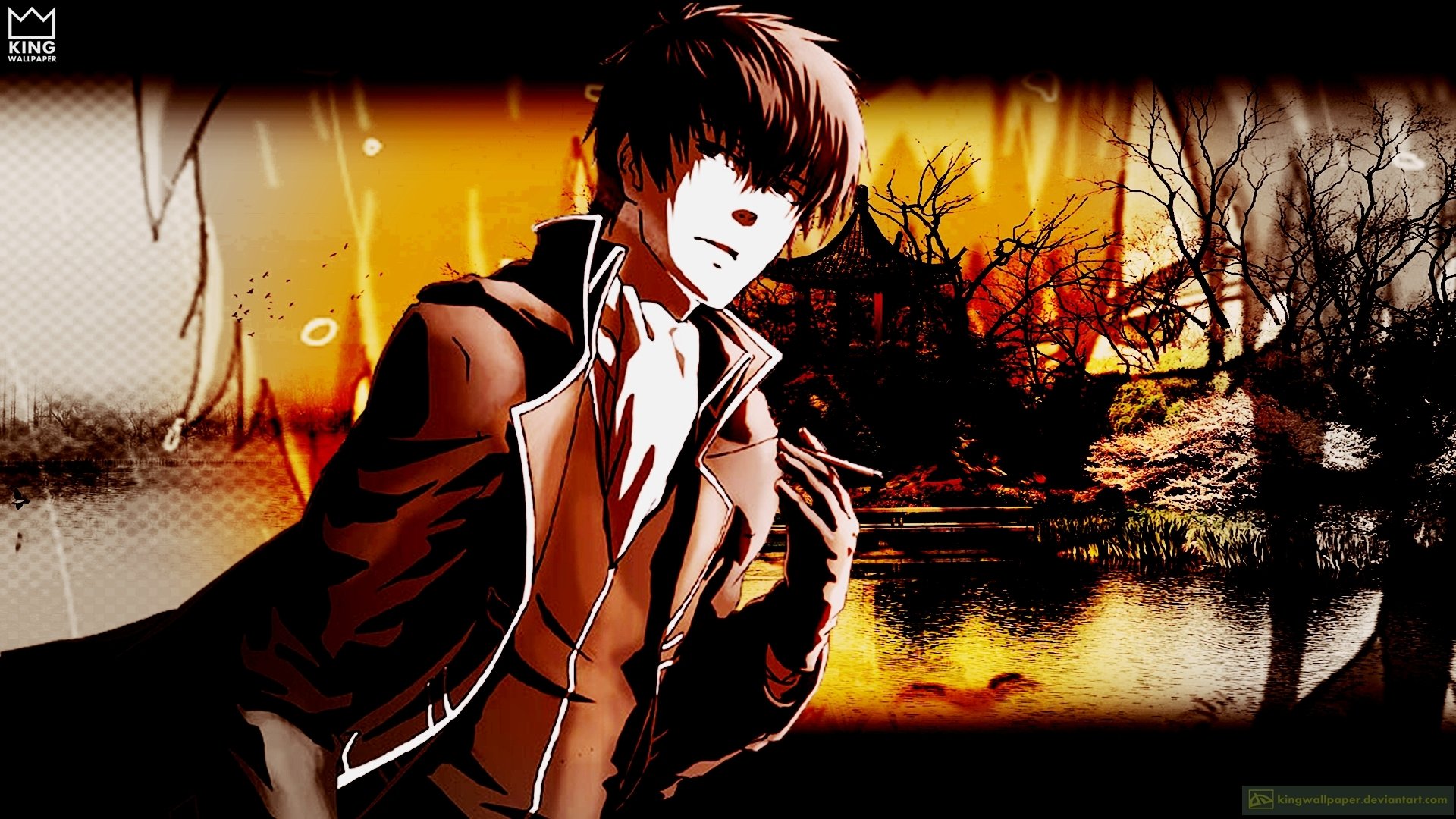 Anime HD PC desktop wallpaper of Toushirou Hijikata (Gintama) by an orange-red lakeside at dusk, coat open, pale face and dark hair contrasted with silhouetted bare trees and glowing water reflections.