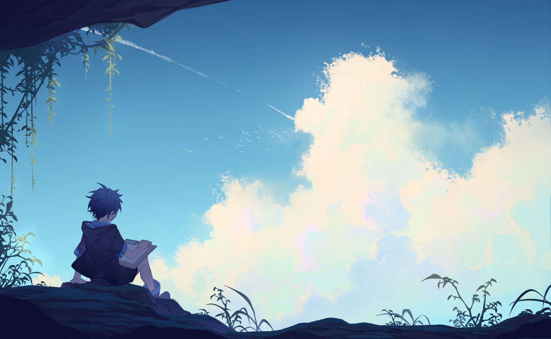 Anime HD desktop wallpaper featuring a character with short brown hair sitting under an overhang and gazing at the bright blue sky with large, fluffy clouds.