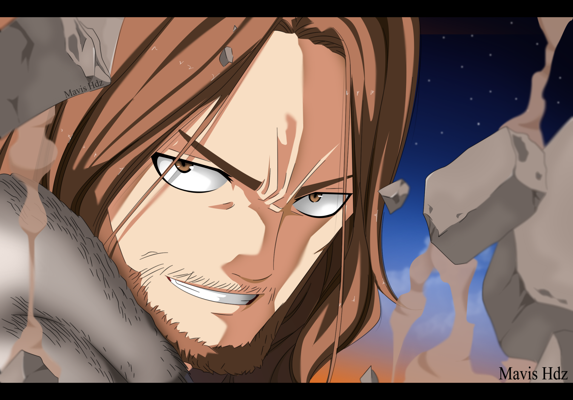 Gildarts Clive from Fairy Tail — intense anime close-up with flying rubble and a starry sky, HD PC desktop wallpaper background.