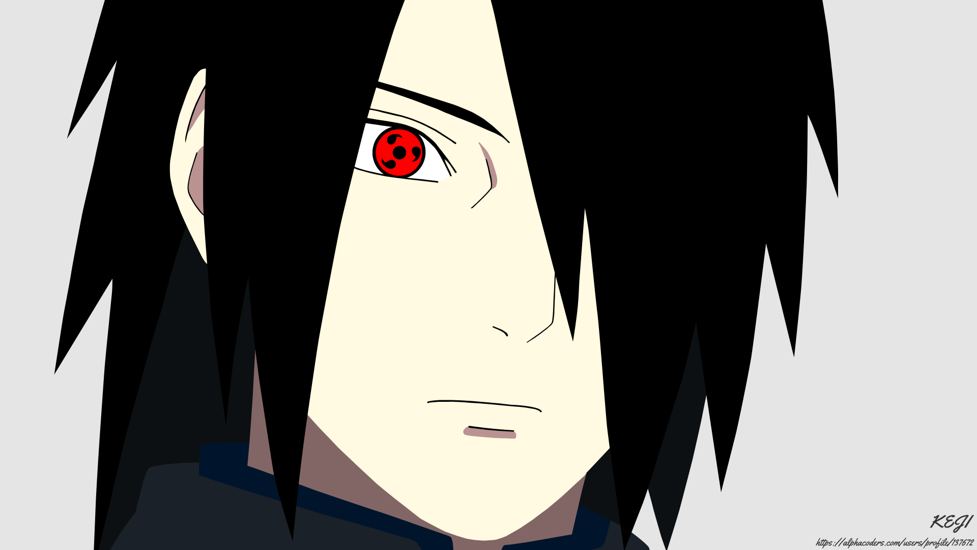 Minimalist 8K Ultra HD anime wallpaper featuring Sasuke Uchiha with black hair and Sharingan eyes from Naruto, showcasing bold, clean lines and vibrant colors.