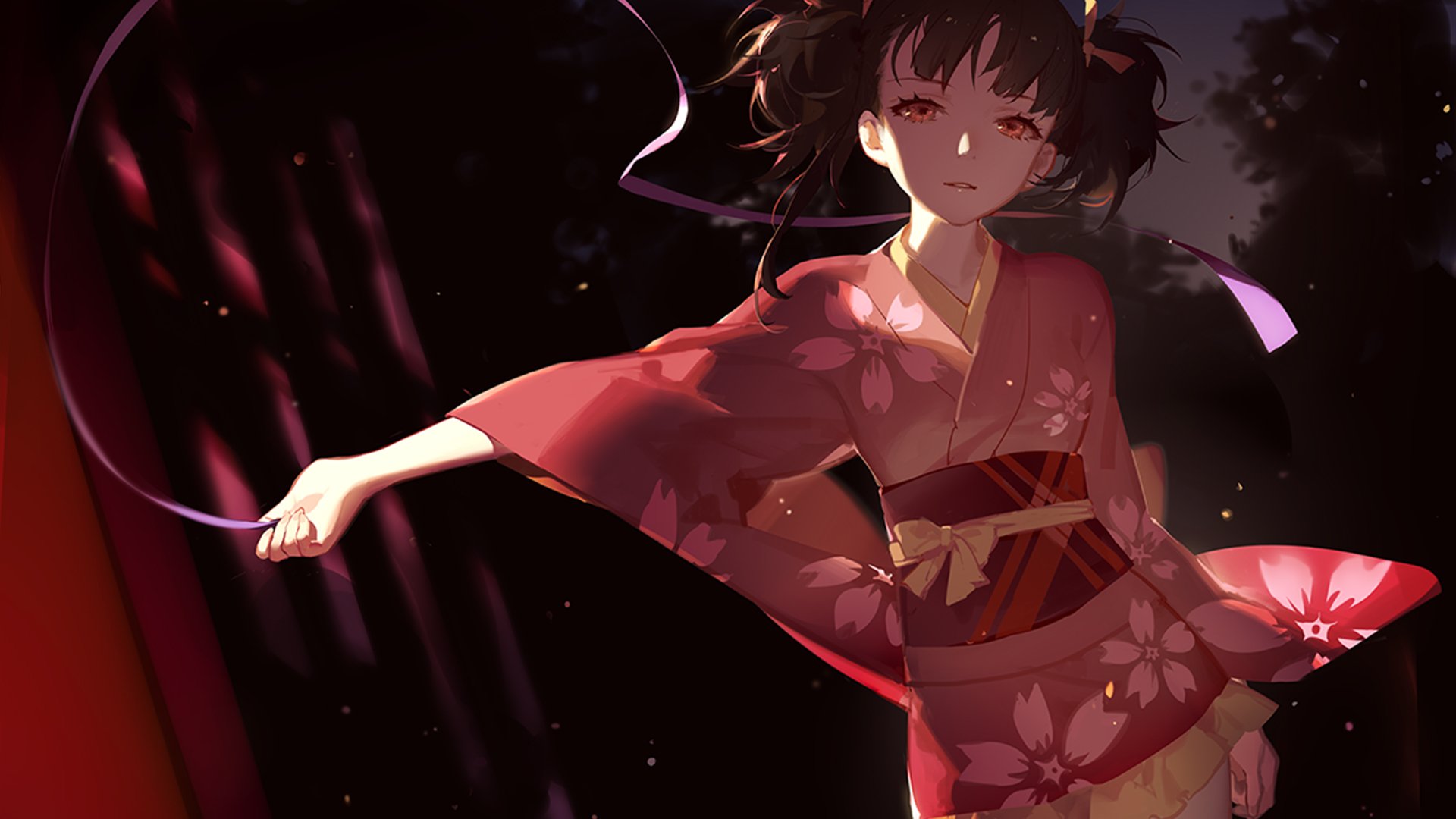 A captivating HD wallpaper featuring Mumei from Kabaneri of the Iron Fortress, dressed in a vibrant kimono, exuding a mystic aura against a dark backdrop.