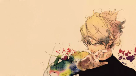 HD PC desktop wallpaper featuring a manga-style illustration from the anime Levius, showcasing a character with flowing hair and dynamic, colorful brush strokes.