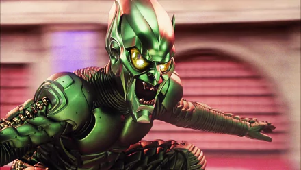 HD PC desktop wallpaper: the Green Goblin from the Spider-Man movie — armored, snarling and lunging forward against a blurred urban background.