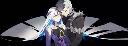 HD PC desktop wallpaper featuring Brynhildr and Sigurd from the anime Fate/Grand Order in an intimate pose against a dark background.